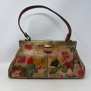 Patricia Nash Floral Print Leather  Handbag Tan Hibiscus Kisslock Closure